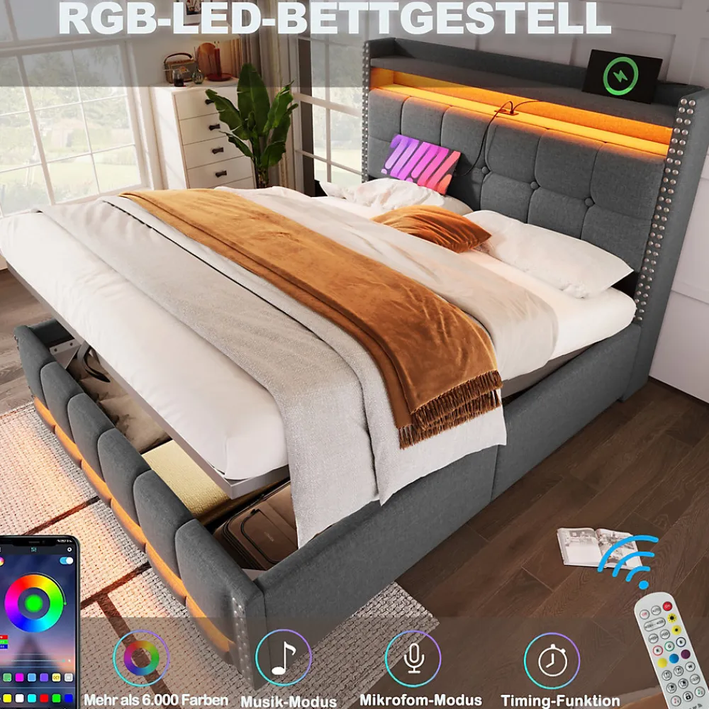 Lit coffre 140x200 cm - Lit double en tissu gris avec LED multicolores et rangement hydraulique - Sans matelas>Okwish Best