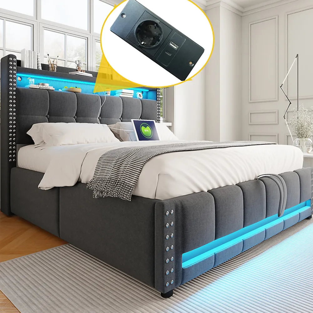Lit coffre 140x200 cm - Lit double en tissu gris avec LED multicolores et rangement hydraulique - Sans matelas>Okwish Best