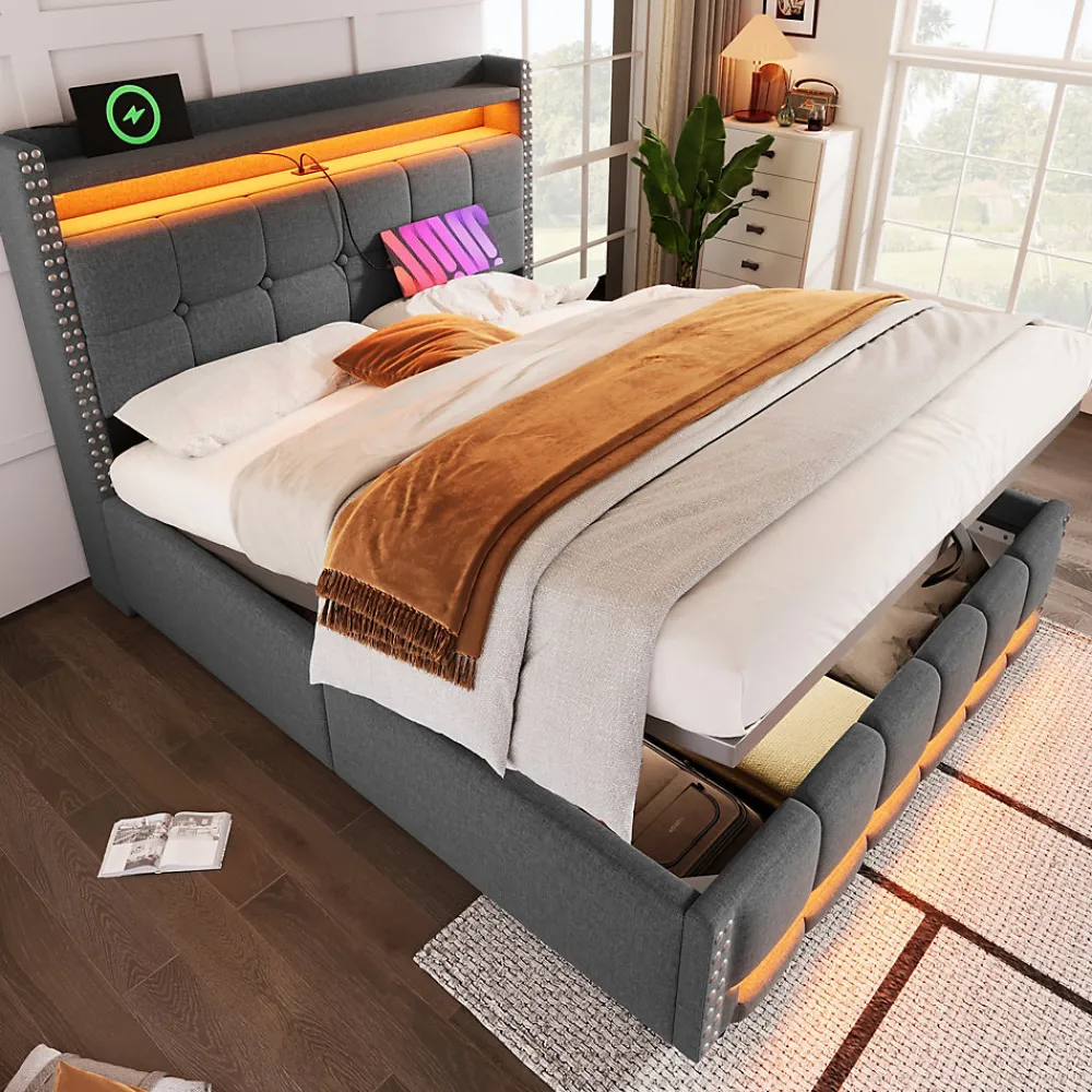 Lit coffre 140x200 cm - Lit double en tissu gris avec LED multicolores et rangement hydraulique - Sans matelas>Okwish Best