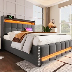 Lit coffre 140x200 cm - Lit double en tissu gris avec LED multicolores et rangement hydraulique - Sans matelas><noscript><img width=