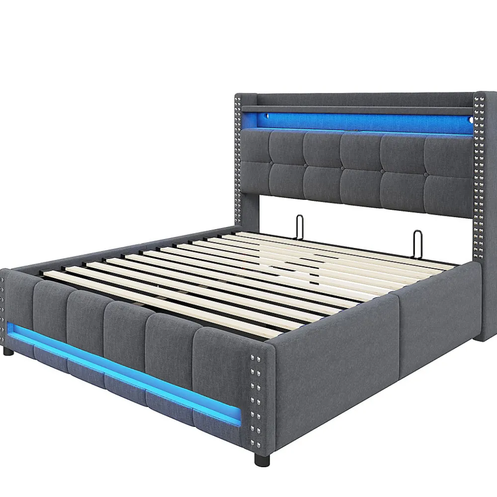 Lit coffre 140x200 cm - Lit double en tissu gris avec LED multicolores et rangement hydraulique - Sans matelas>Okwish Best