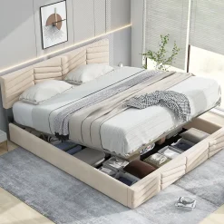 Okwish Lit coffre 140x200 cm - Lit Double Capitonné avec Tête de Lit Réglable - Velours - Sans Matelas - Beige* Lit Coffre