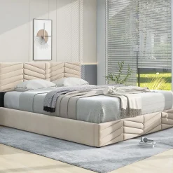 Okwish Lit coffre 140x200 cm - Lit Double Capitonné avec Tête de Lit Réglable - Velours - Sans Matelas - Beige* Lit Coffre