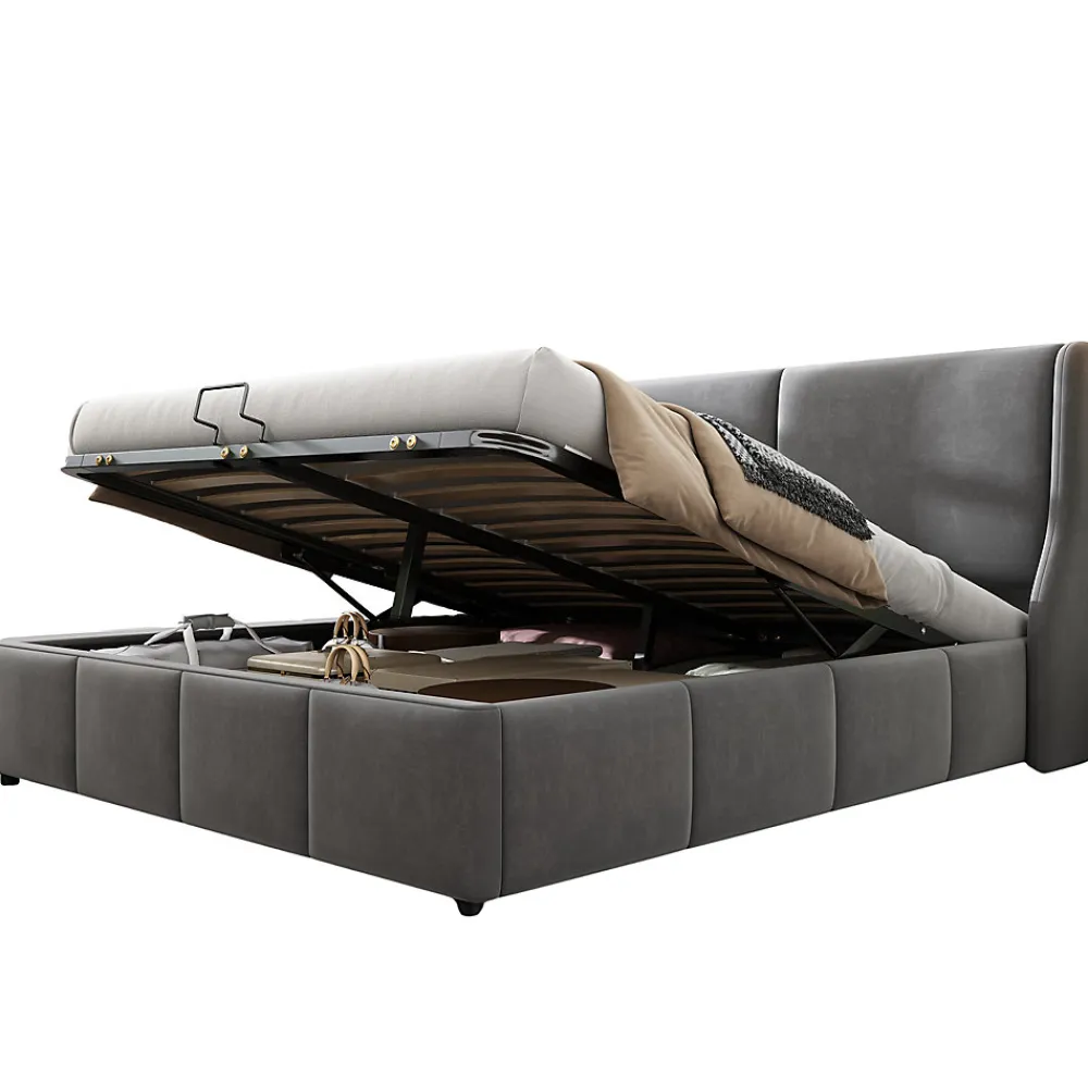 Lit coffre 180x200 cm - Lit double capitonné avec tête de lit oreille - Velours - Sans Matelas - Gris>Okwish Clearance
