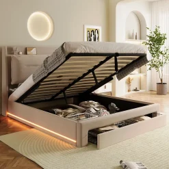 Generique Lit coffre 140x190 cm - Lit Double Capitonné avec Tiroirs et Éclairage LED - Velours - Sans Matelas - Beige* Lit Coffre