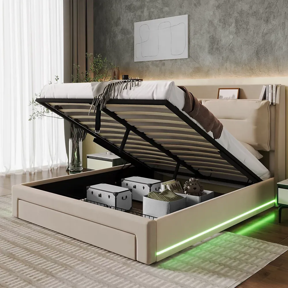 Generique Lit coffre 140x190 cm - Lit Double Capitonné avec Tiroirs et Éclairage LED - Velours - Sans Matelas - Beige* Lit Coffre
