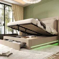 Generique Lit coffre 140x190 cm - Lit Double Capitonné avec Tiroirs et Éclairage LED - Velours - Sans Matelas - Beige* Lit Coffre
