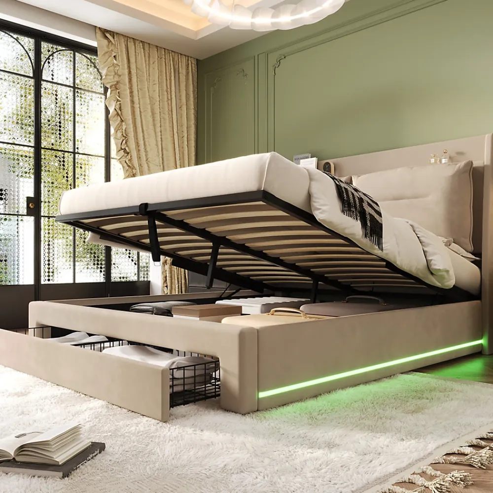 Generique Lit coffre 140x190 cm - Lit Double Capitonné avec Tiroirs et Éclairage LED - Velours - Sans Matelas - Beige* Lit Coffre