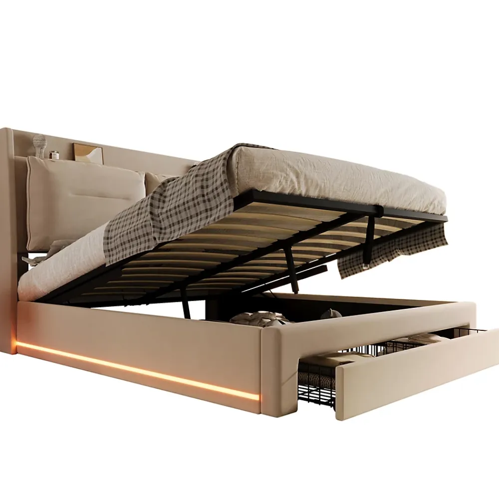 Generique Lit coffre 140x190 cm - Lit Double Capitonné avec Tiroirs et Éclairage LED - Velours - Sans Matelas - Beige* Lit Coffre