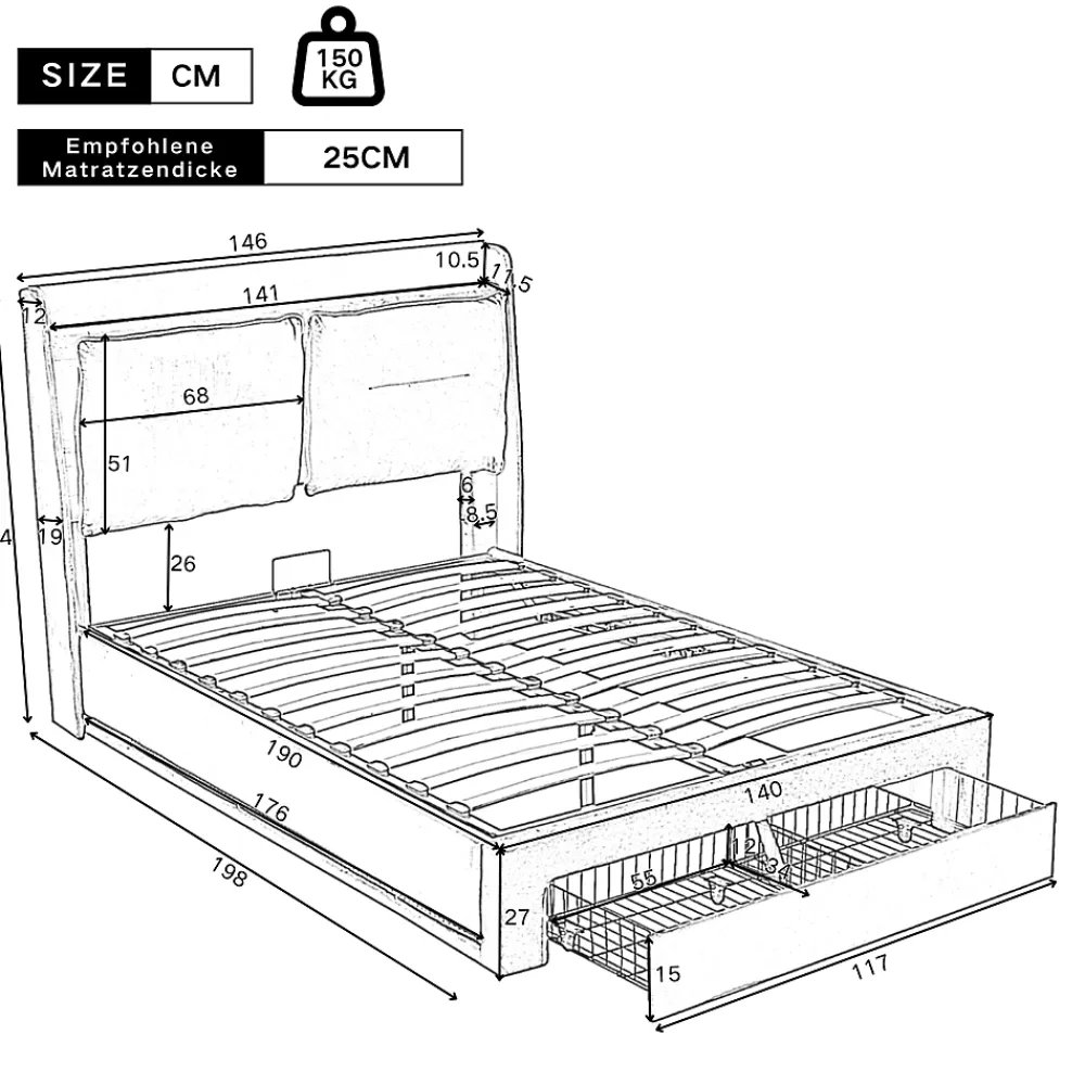 Generique Lit coffre 140x190 cm - Lit Double Capitonné avec Tiroirs et Éclairage LED - Velours - Sans Matelas - Beige* Lit Coffre