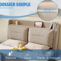 Generique Lit coffre 140x190 cm - Lit Double Capitonné avec Tiroirs et Éclairage LED - Velours - Sans Matelas - Beige* Lit Coffre