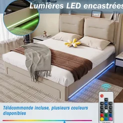 Generique Lit coffre 140x190 cm - Lit Double Capitonné avec Tiroirs et Éclairage LED - Velours - Sans Matelas - Beige* Lit Coffre