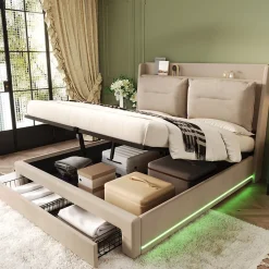 Generique Lit coffre 140x190 cm - Lit Double Capitonné avec Tiroirs et Éclairage LED - Velours - Sans Matelas - Beige* Lit Coffre