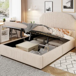 Lit Coffre 140x200 cm - Lit Double Adulte Capitonné avec Rangement Intégré, sans Matelas - Velours Beige>Okwish New