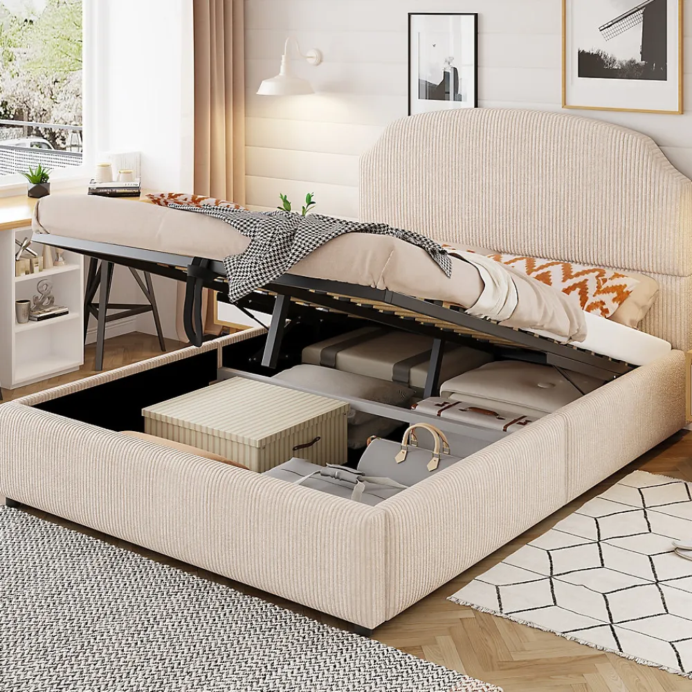 Lit Coffre 140x200 cm - Lit Double Adulte Capitonné avec Rangement Intégré, sans Matelas - Velours Beige>Okwish New