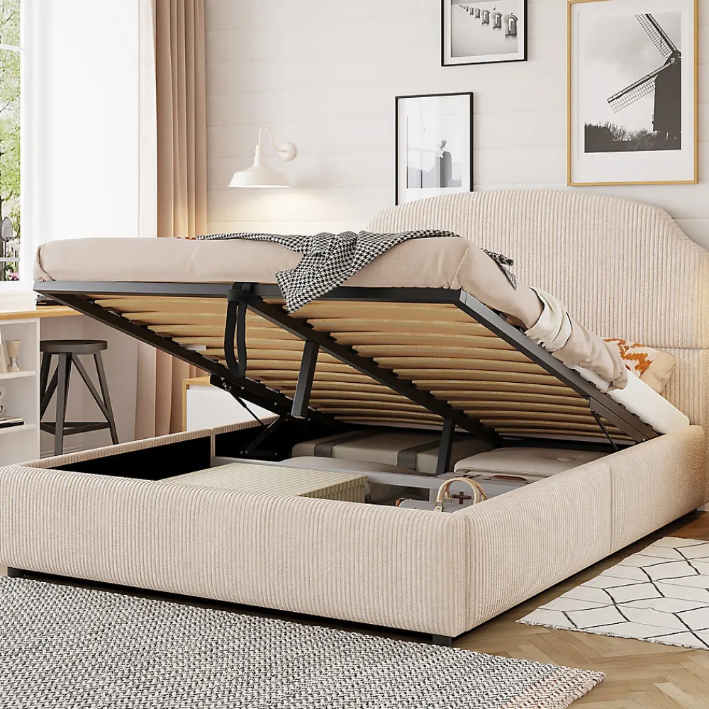 Lit Coffre 140x200 cm - Lit Double Adulte Capitonné avec Rangement Intégré, sans Matelas - Velours Beige>Okwish New