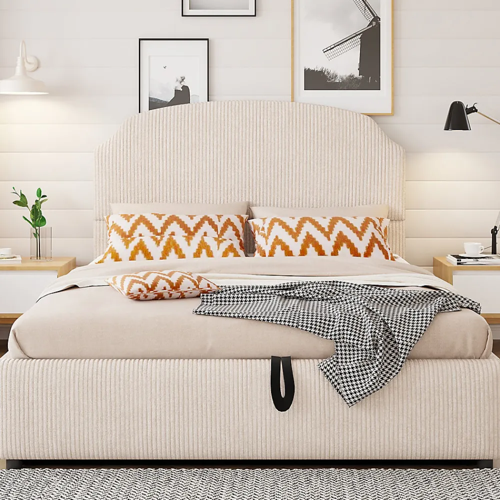 Lit Coffre 140x200 cm - Lit Double Adulte Capitonné avec Rangement Intégré, sans Matelas - Velours Beige>Okwish New