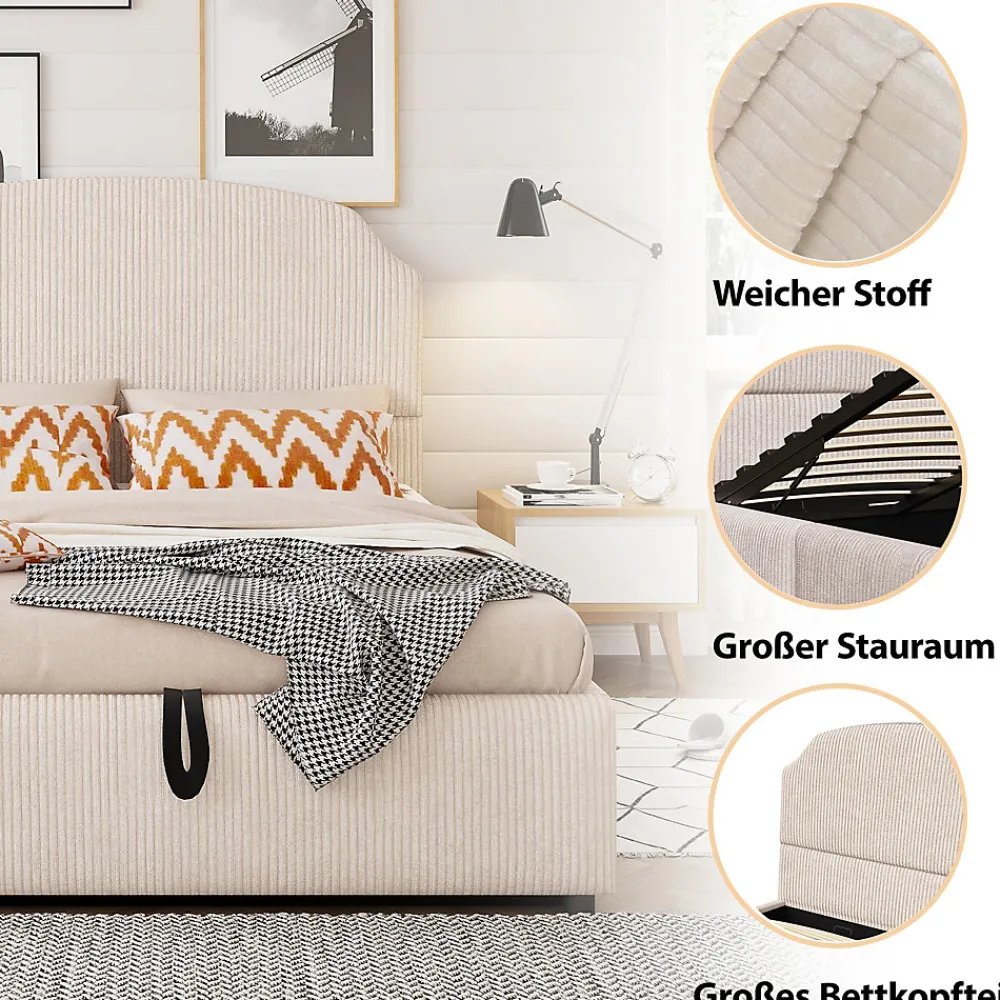 Lit Coffre 140x200 cm - Lit Double Adulte Capitonné avec Rangement Intégré, sans Matelas - Velours Beige>Okwish New