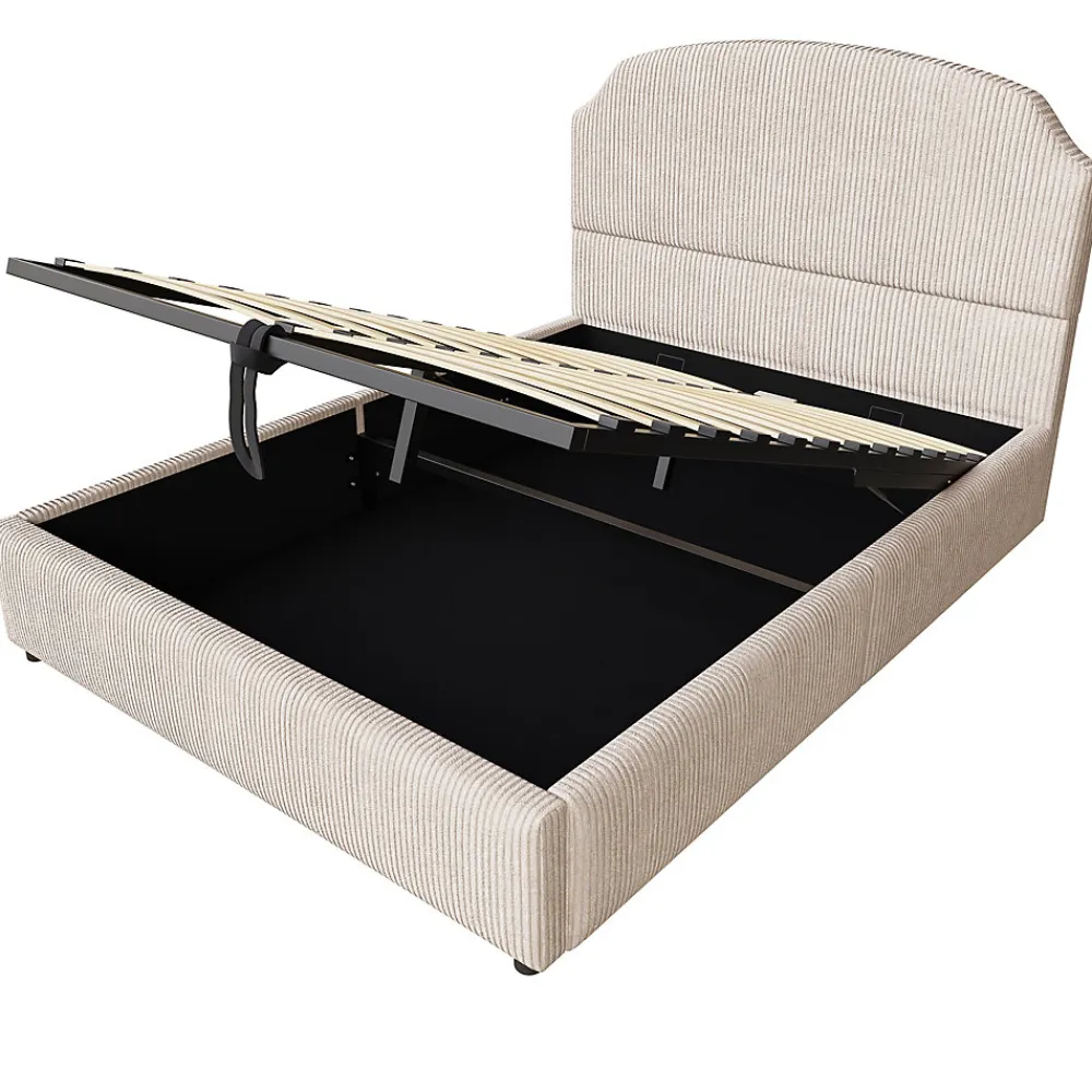 Lit Coffre 140x200 cm - Lit Double Adulte Capitonné avec Rangement Intégré, sans Matelas - Velours Beige>Okwish New