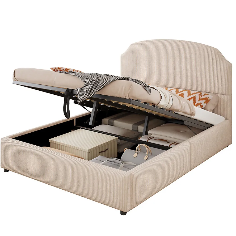 Lit Coffre 140x200 cm - Lit Double Adulte Capitonné avec Rangement Intégré, sans Matelas - Velours Beige>Okwish New
