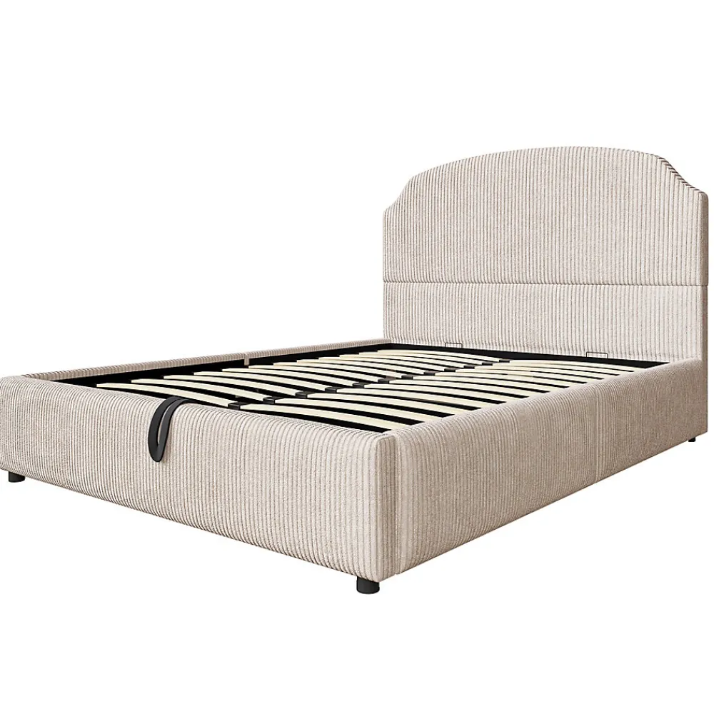 Lit Coffre 140x200 cm - Lit Double Adulte Capitonné avec Rangement Intégré, sans Matelas - Velours Beige>Okwish New