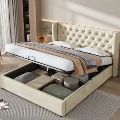 Okwish Lit coffre 180x200 cm - Lit double avec sommier à lattes et coffre hydraulique - Velours - Sans Matelas - Beige* Lit Coffre