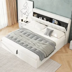 Lit Coffre 160x200 cm - Lit Double Capitonné avec Tête de Lit et Rangement Caché - PU - Sans Matelas - Blanc>Okwish Best