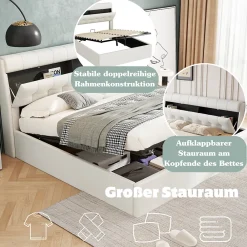 Lit Coffre 160x200 cm - Lit Double Capitonné avec Tête de Lit et Rangement Caché - PU - Sans Matelas - Blanc><noscript><img width=