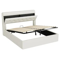Lit Coffre 160x200 cm - Lit Double Capitonné avec Tête de Lit et Rangement Caché - PU - Sans Matelas - Blanc><noscript><img width=