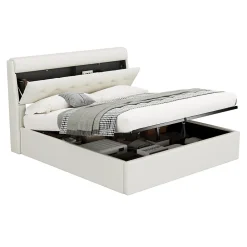 Lit Coffre 160x200 cm - Lit Double Capitonné avec Tête de Lit et Rangement Caché - PU - Sans Matelas - Blanc><noscript><img width=