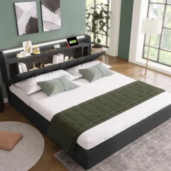 Lit Coffre 140x200 cm - Lit Double Rembourré - Tête de Lit avec Rangement - Lin - Sans Matelas - Gris><noscript><img width=