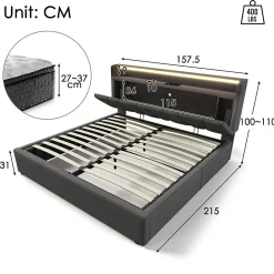 Lit Coffre 140x200 cm - Lit Double Rembourré - Tête de Lit avec Rangement - Lin - Sans Matelas - Gris><noscript><img width=