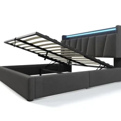 Lit Coffre 140x200 cm - Lit Double Rembourré - Tête de Lit avec Rangement - Lin - Sans Matelas - Gris><noscript><img width=