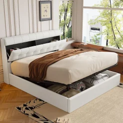 Lit Coffre 140x190 cm - Lit Double Capitonné avec Tête de Lit et Rangement Caché - PU - Sans Matelas - Blanc>Okwish Clearance