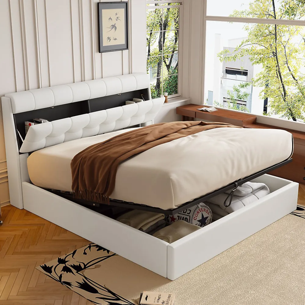 Lit Coffre 140x190 cm - Lit Double Capitonné avec Tête de Lit et Rangement Caché - PU - Sans Matelas - Blanc>Okwish Clearance