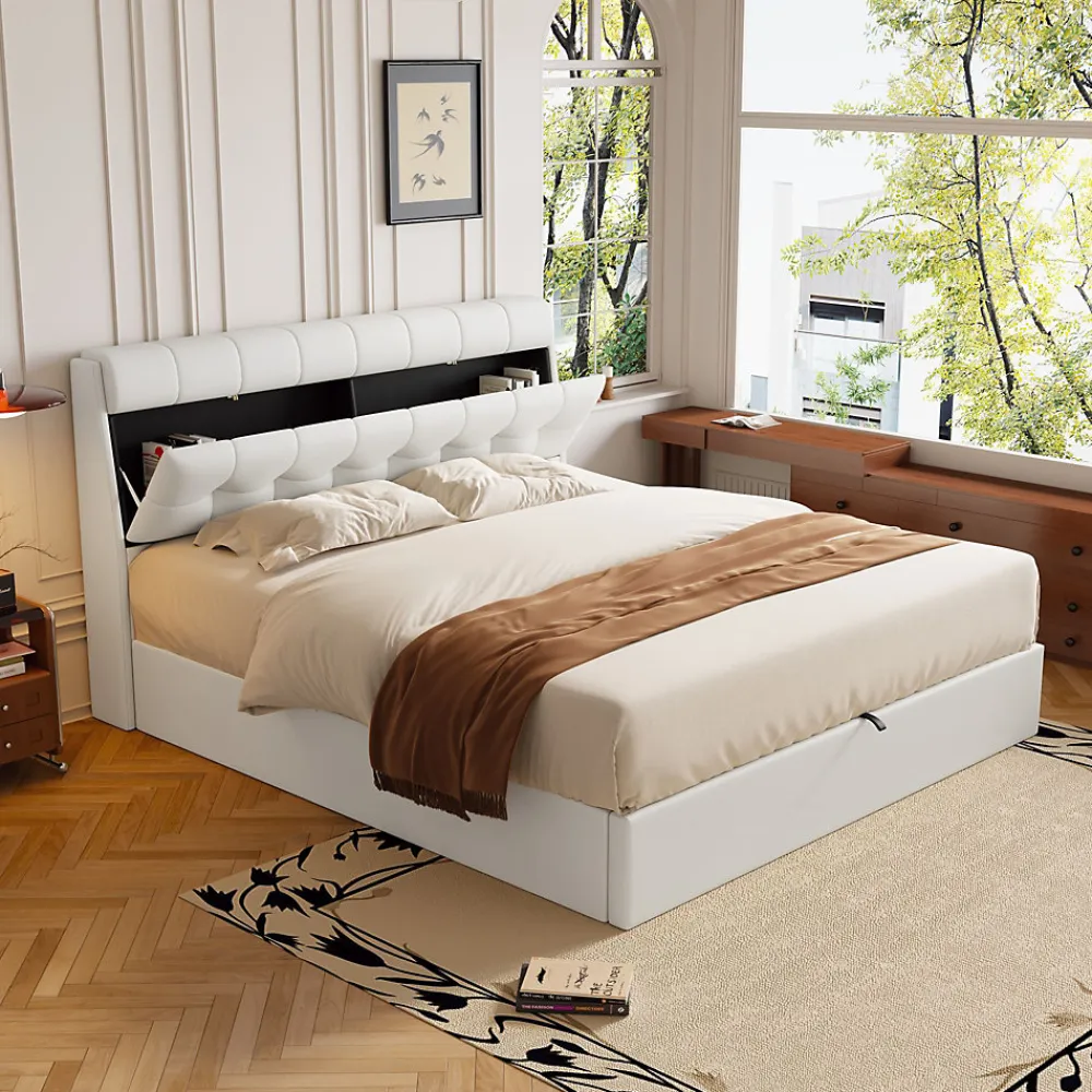 Lit Coffre 140x190 cm - Lit Double Capitonné avec Tête de Lit et Rangement Caché - PU - Sans Matelas - Blanc>Okwish Clearance