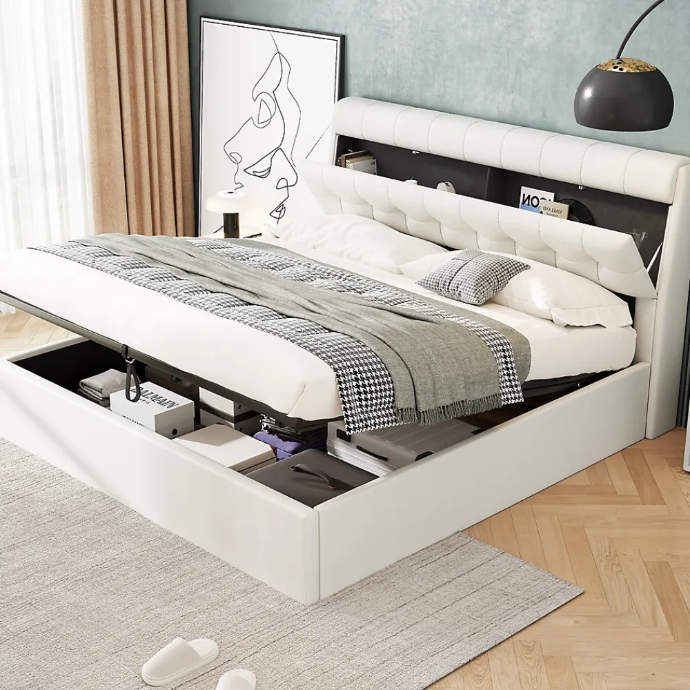 Lit Coffre 140x190 cm - Lit Double Capitonné avec Tête de Lit et Rangement Caché - PU - Sans Matelas - Blanc>Okwish Clearance