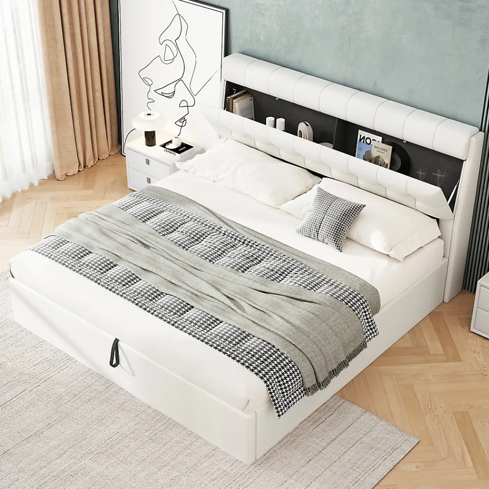 Lit Coffre 140x190 cm - Lit Double Capitonné avec Tête de Lit et Rangement Caché - PU - Sans Matelas - Blanc>Okwish Clearance