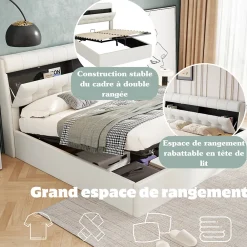 Lit Coffre 140x190 cm - Lit Double Capitonné avec Tête de Lit et Rangement Caché - PU - Sans Matelas - Blanc><noscript><img width=