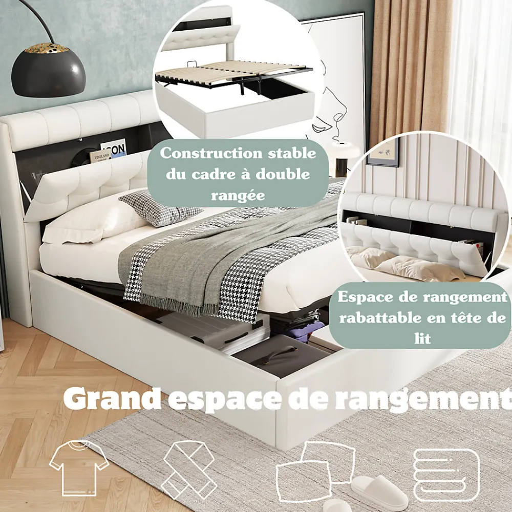 Lit Coffre 140x190 cm - Lit Double Capitonné avec Tête de Lit et Rangement Caché - PU - Sans Matelas - Blanc>Okwish Clearance