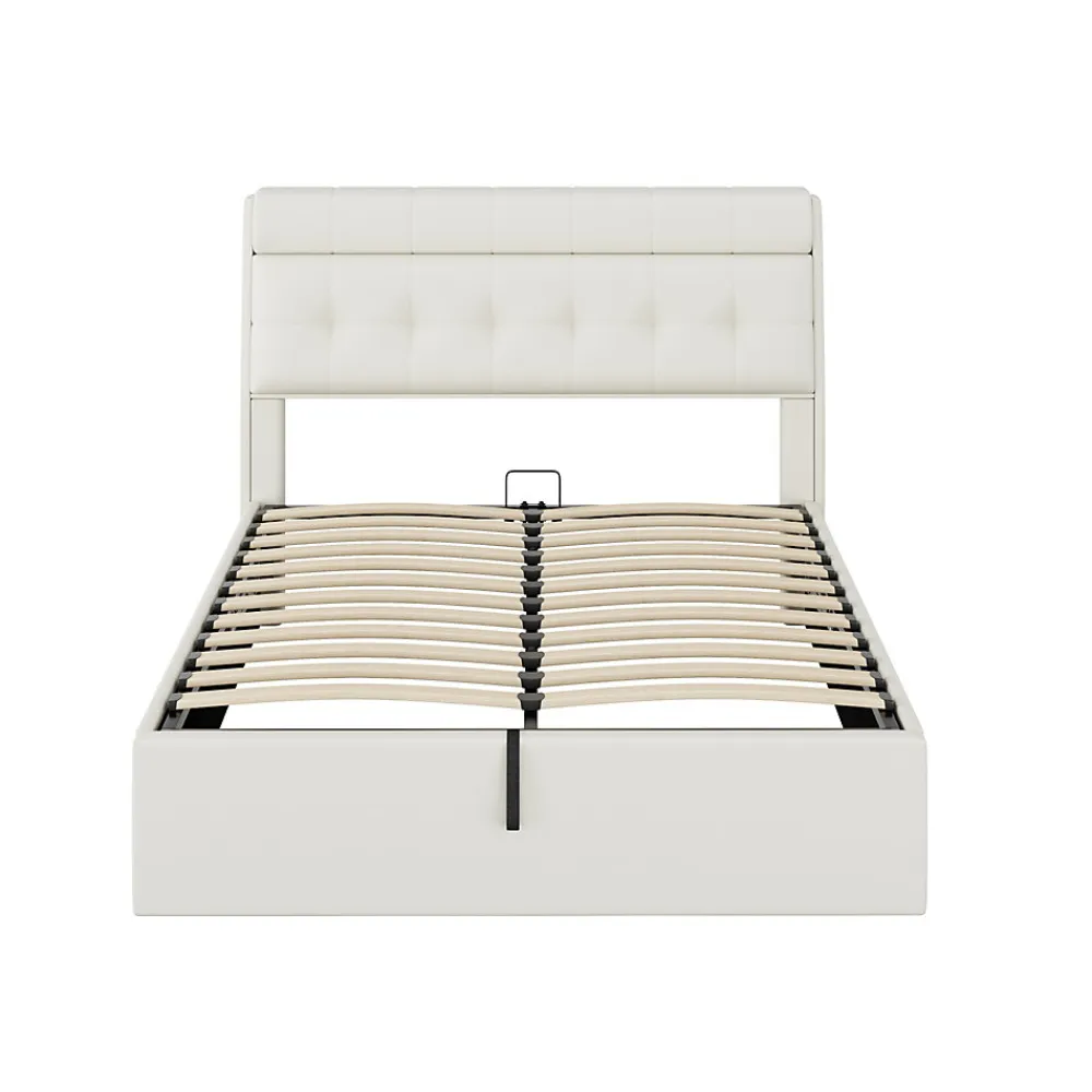 Lit Coffre 140x190 cm - Lit Double Capitonné avec Tête de Lit et Rangement Caché - PU - Sans Matelas - Blanc>Okwish Clearance