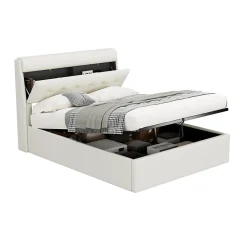 Lit Coffre 140x190 cm - Lit Double Capitonné avec Tête de Lit et Rangement Caché - PU - Sans Matelas - Blanc><noscript><img width=