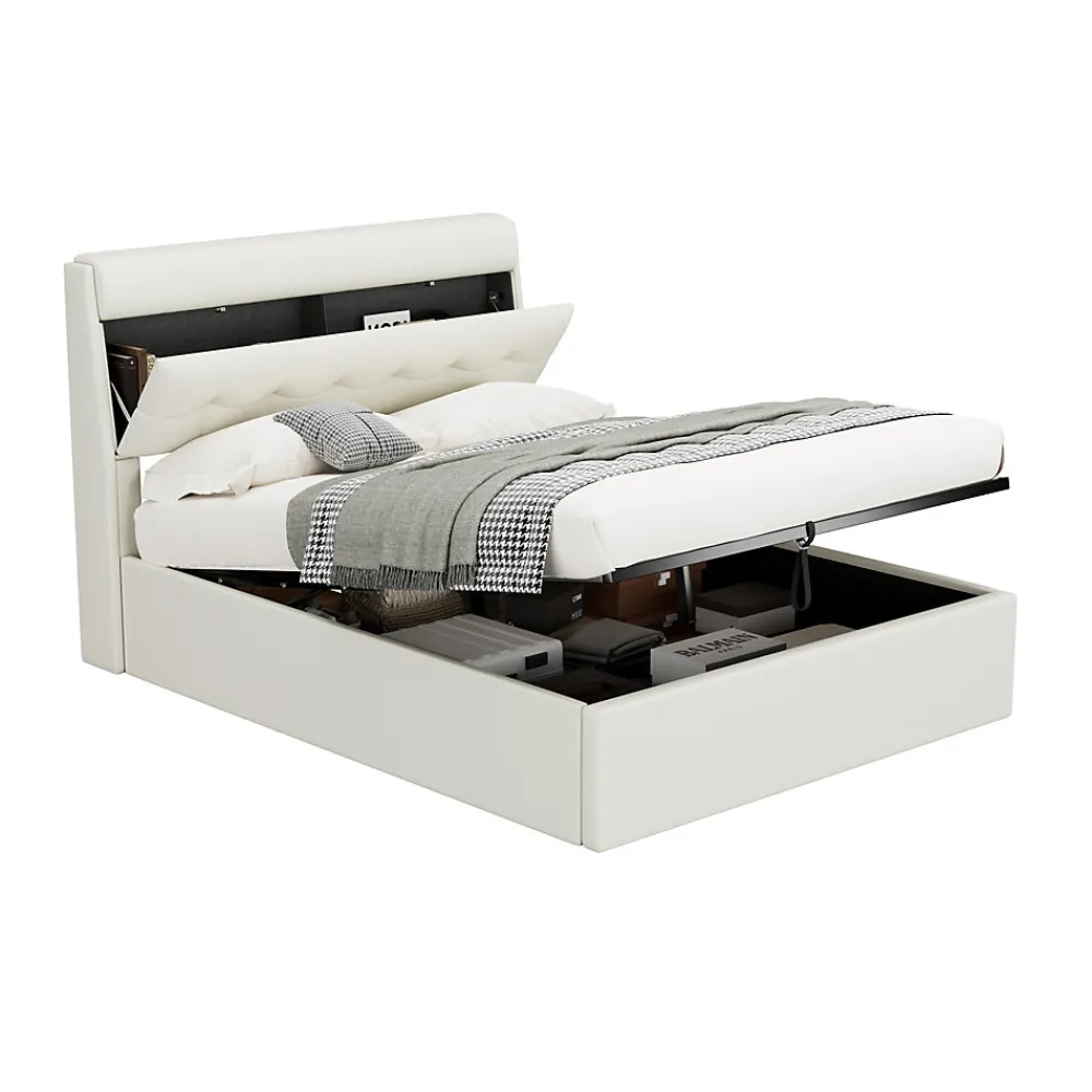 Lit Coffre 140x190 cm - Lit Double Capitonné avec Tête de Lit et Rangement Caché - PU - Sans Matelas - Blanc>Okwish Clearance