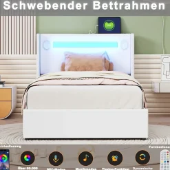 Okwish Lit Coffre 90x200 cm - Lit enfant capitonné avec LED, Lecteur Bluetooth et Port USB, Coffre de Rangement Simili Cuir Blanc* Lit Coffre