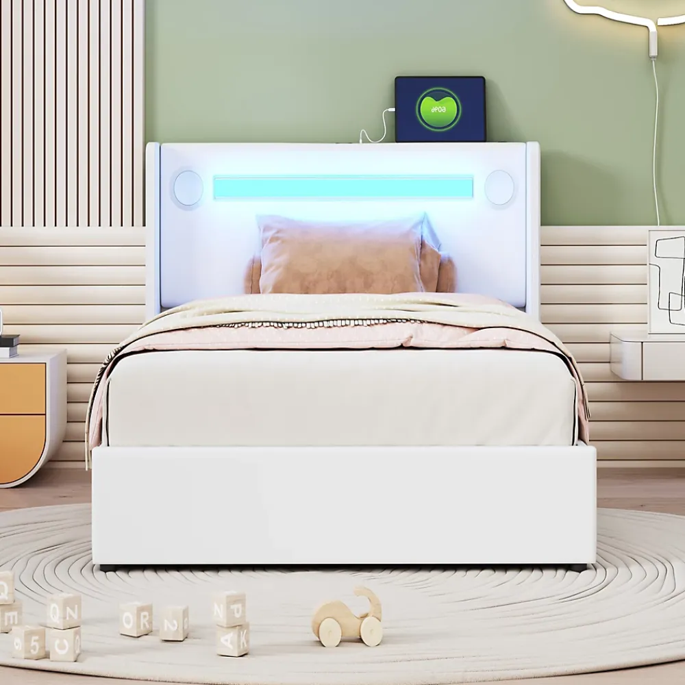 Okwish Lit Coffre 90x200 cm - Lit enfant capitonné avec LED, Lecteur Bluetooth et Port USB, Coffre de Rangement Simili Cuir Blanc* Lit Coffre