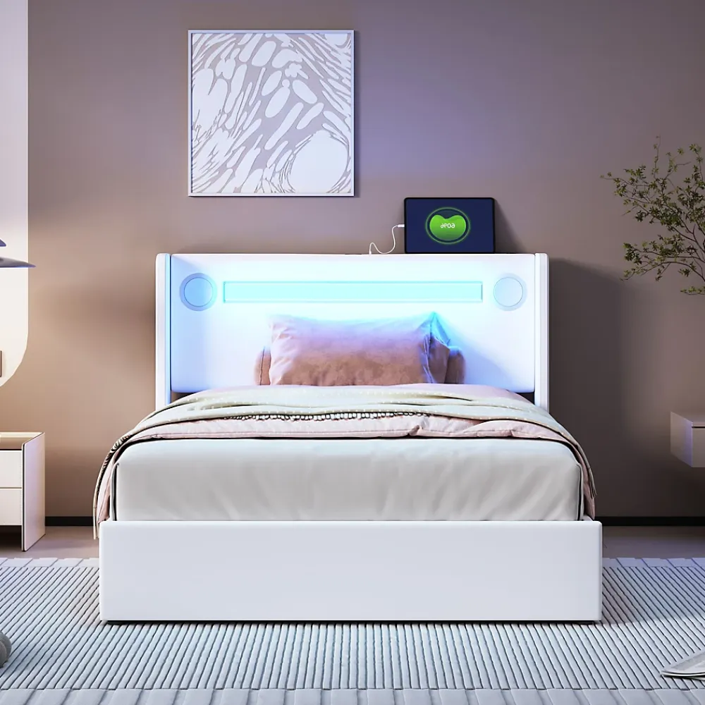 Okwish Lit Coffre 90x200 cm - Lit enfant capitonné avec LED, Lecteur Bluetooth et Port USB, Coffre de Rangement Simili Cuir Blanc* Lit Coffre