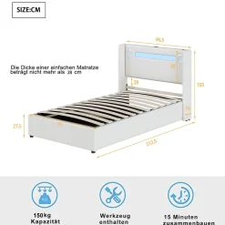Okwish Lit Coffre 90x200 cm - Lit enfant capitonné avec LED, Lecteur Bluetooth et Port USB, Coffre de Rangement Simili Cuir Blanc* Lit Coffre