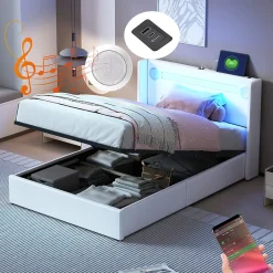 Okwish Lit Coffre 90x200 cm - Lit enfant capitonné avec LED, Lecteur Bluetooth et Port USB, Coffre de Rangement Simili Cuir Blanc* Lit Coffre