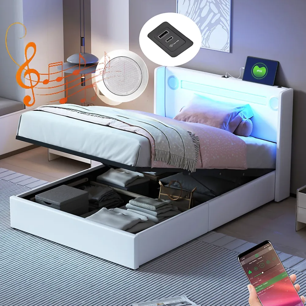 Okwish Lit Coffre 90x200 cm - Lit enfant capitonné avec LED, Lecteur Bluetooth et Port USB, Coffre de Rangement Simili Cuir Blanc* Lit Coffre