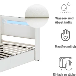 Okwish Lit Coffre 90x200 cm - Lit enfant capitonné avec LED, Lecteur Bluetooth et Port USB, Coffre de Rangement Simili Cuir Blanc* Lit Coffre